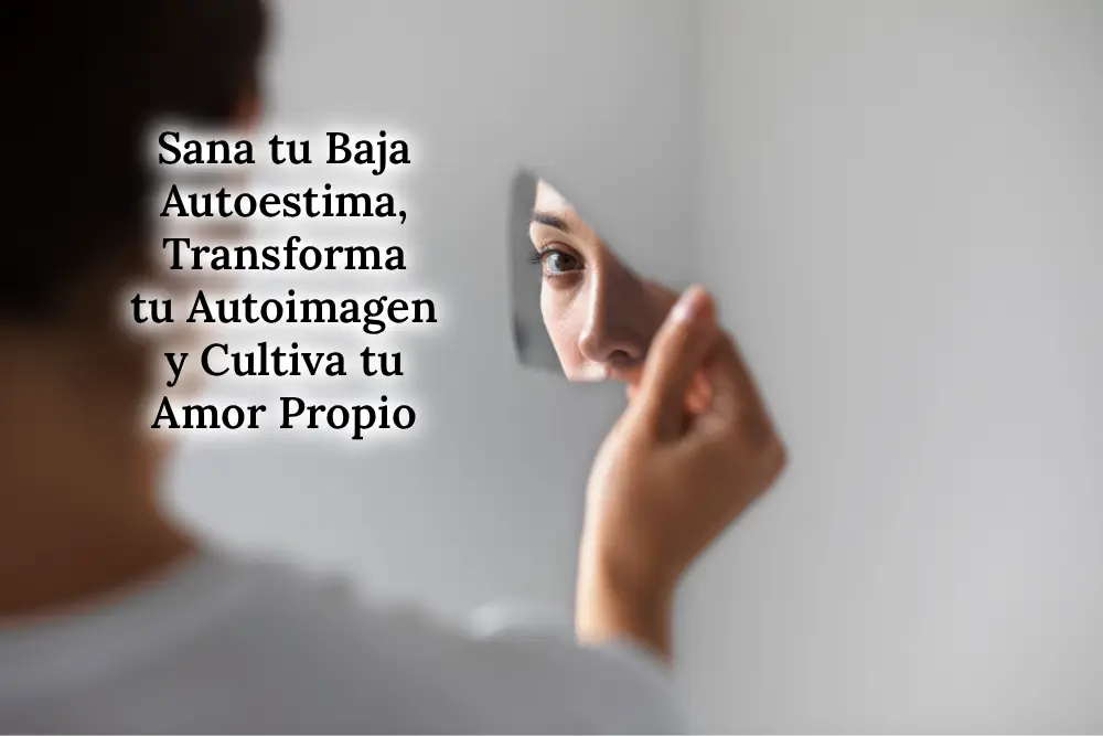 Mujer mirando su reflejo en un espejo roto, simbolizando la lucha interna con la baja autoestima y el proceso de transformar la autoimagen y cultivar amor propio