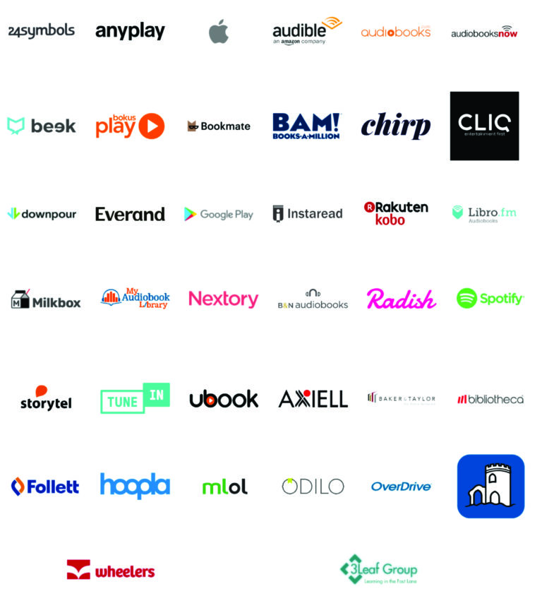 Logos de Spotify, Audible, Storytel, Google Play, Everand, Hooppla, OverDrive, Rakuten Kobo, Radish, Nextory, Downpour, Bookmate, Beek, 24symbols, Anyplay, Audiobooks now, Clic, Milkbox, My Audiobook Library, Barnes and Noble, Bibliotheca, Follett, Ubook, Mlol, 3Leaf Group, Tune in, Wheelers, Libro.Fm y Apple, plataformas que distribuyen los audiolibros de espiritualidad, amor propio, autoestima, reflexiones, meditaciones y desarrollo personal de la autora Jazmín González