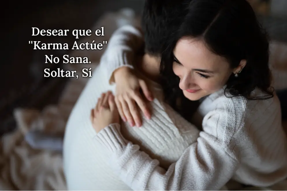 Mujer sonriente abrazando a un hombre, ilustrando el acto de soltar resentimientos y dejar que las experiencias fluyan sin aferrarse al deseo de que el karma actúe