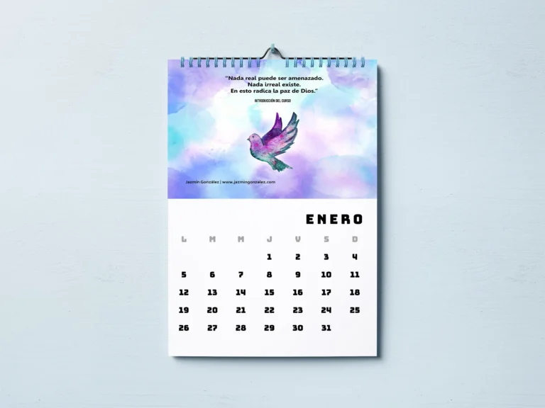 Calendario consciente de pared 2026 de Mente Uno, basado en reflexiones del libro "Un Curso de Milagros", para crecimiento personal y espiritualidad, creado por Jazmín González