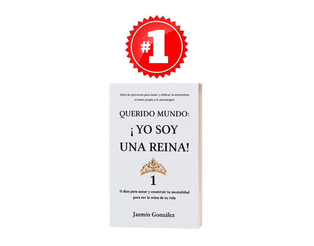 Mockup del libro "Querido mundo: Yo soy una reina 1" con el logo "Número uno", imagen de la sección de libros más vendidos de la autora Jazmín González