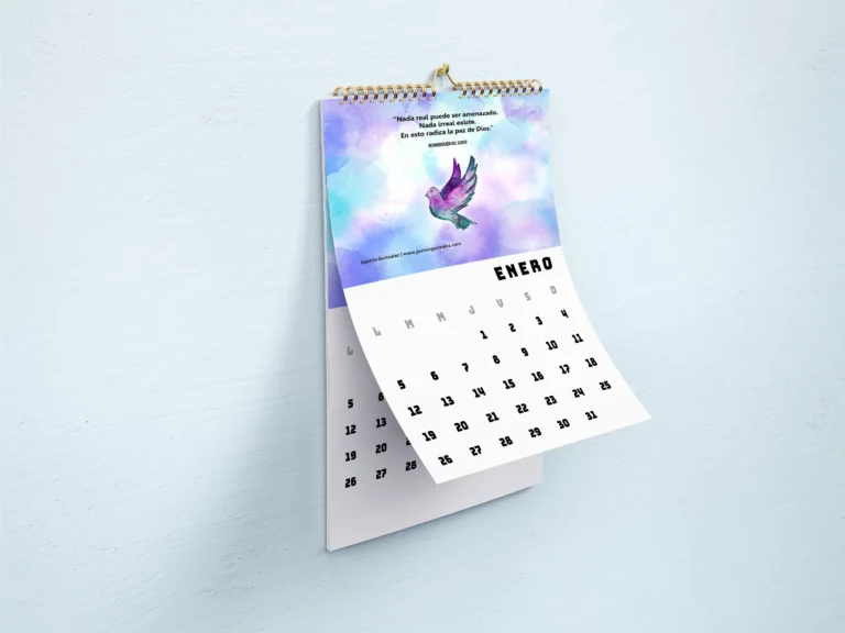 Mockup de muestra del calendario de pared 2026 con reflexiones basadas en "Un Curso de Milagros"