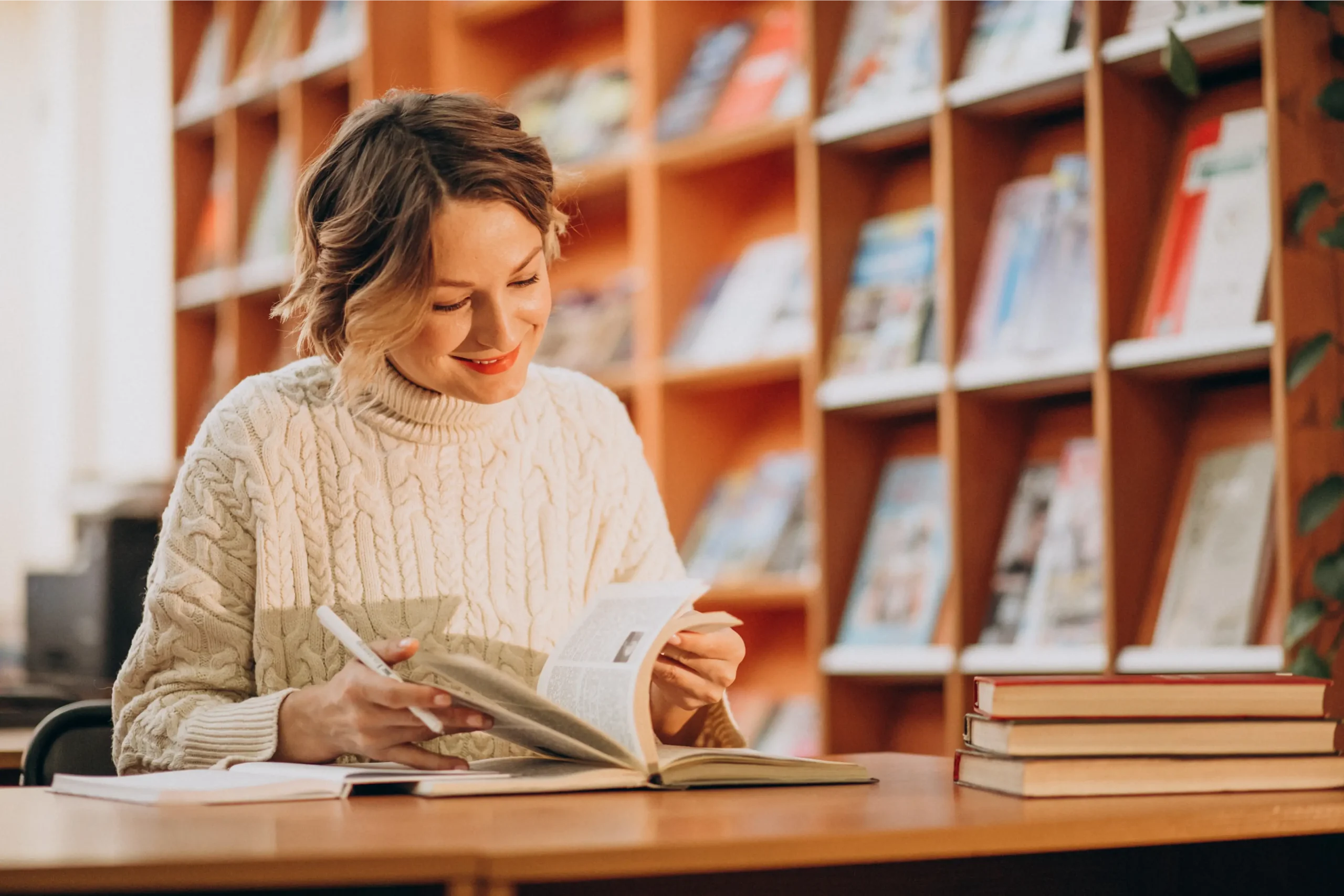 Autora sonriendo firmando su libro en una librería
