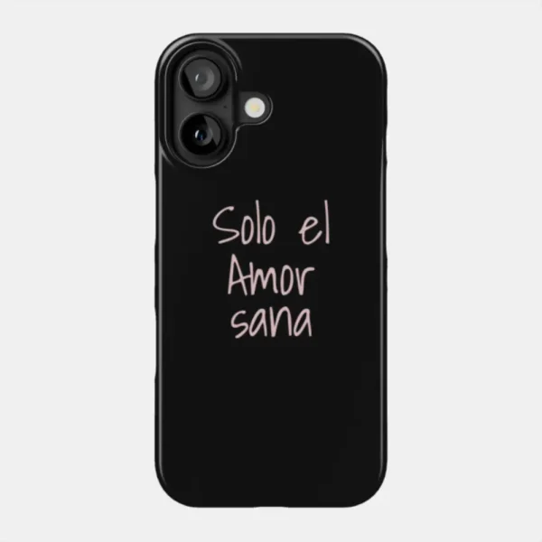 Carcasa de celular color negro con la frase en letras rosa palo “Solo el amor sana”, artículo de merchandising de la Tienda Mente Uno disponible en Amazon, TeePublic y Spreadshirt