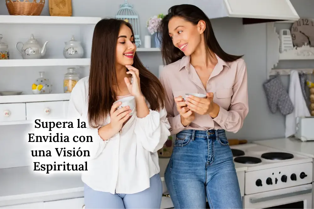 Dos amigas sonriendo en la cocina, simbolizando la alegría, la armonía y la conexión positiva que ayuda a superar la envidia desde una perspectiva espiritual