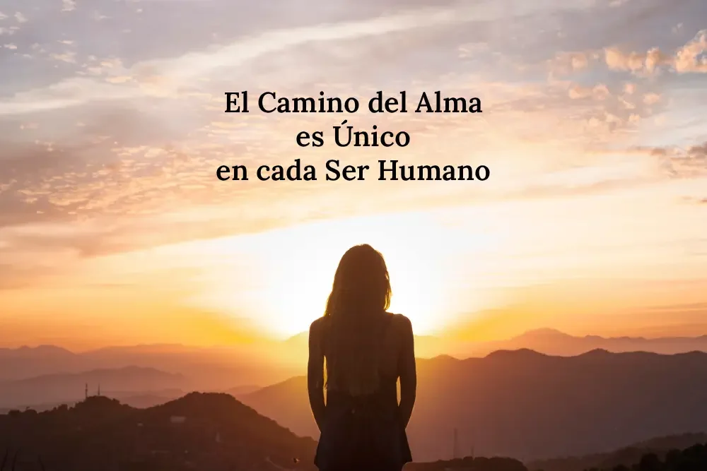Mujer de espaldas mirando el horizonte en un paisaje de atardecer, representando la espiritualidad y el camino único del alma de cada ser humano